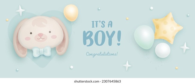 Baby shower horizontal banner, invitation or greeting card with cartoon 3d bunny and helium balloons on turquoise background. It's a boy. Vector illustration