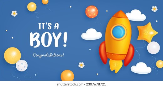 Baby shower horizontal banner, invitation or greeting card with cartoon rocket, helium balloons and clouds on blue background. It's a boy. Vector illustration