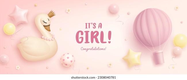 Baby shower horizontal banner, invitation or greeting card with cartoon swan, hot air balloon and helium balloons on gradient background. It's a girl. Vector illustration