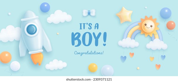 Baby shower horizontal banner, invitation or greeting card with cartoon rocket, rainbow, sun and helium balloons. It's a boy. Vector illustration