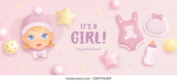 Baby shower horizontal banner, invitation or greeting card with cartoon girl, bib, bottle and helium balloons on gradient background. It's a girl. Vector illustration