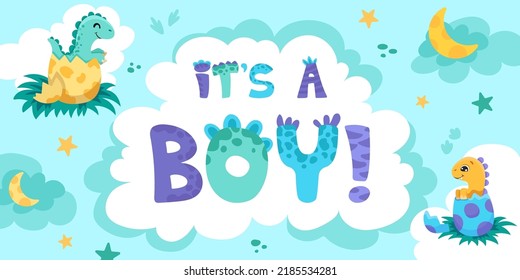 Baby shower horizontal banner with little cute dinosaurs, clouds, moon and stars on blue background with a sign It's a boy. Vector cartoon illustration for children