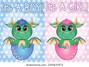 Baby shower horizontal banner with little cute dinosaurs, clouds and stars.