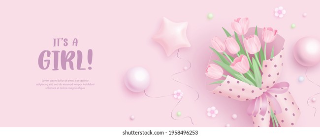 Baby shower horizontal banner with realistic bouquet of tulips and helium balloons on pink background. It's a girl. Vector illustration