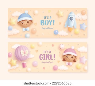 Baby shower horizontal banner set with cartoon black baby boy and girl on beige background. It's a boy. It's a girl. Vector illustration