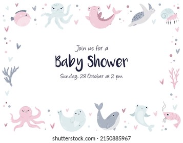 Baby Shower horizontal invitation, card, banner with cute hand drawn marine animals.