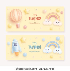 Baby shower horizontal invitation with cartoon rainbow, clouds, hot air balloon, rocket, balloons and flowers on beige background. It's twins. Vector illustration