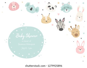 Baby Shower horizontal Invitation with cute hand drawn animals walrus, koala, squirrel, panda, zebra, giraffe, rabbit, raccoon, llama. Baby Shower Card Template.