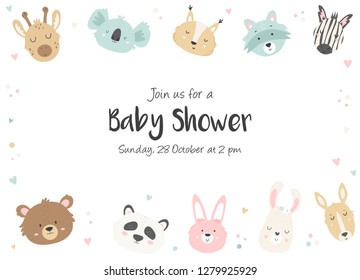 Baby Shower horizontal Invitation with cute hand drawn animals. Baby Shower Card Template.