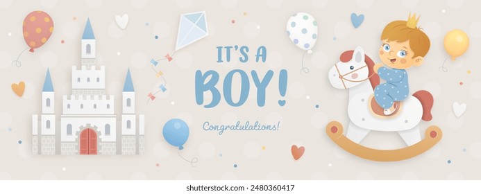 Baby shower horizontal vector poster, flyer, invitation, greeting card or web banner with cartoon 3d castle, baby boy, rocking horse and helium balloons on gray background. It's a boy