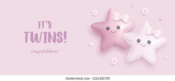 Baby shower horzontal banner or invitation with cartoon helium balloons and flowers on pink background. It's twins. Vector illustration