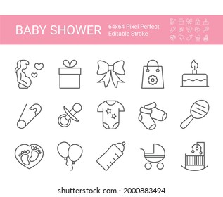 Baby shower icon set. Editable vector stroke. 64x64 Pixel Perfect.