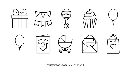Baby shower icon set: gifts, cupcake, balloon, line style icons collection