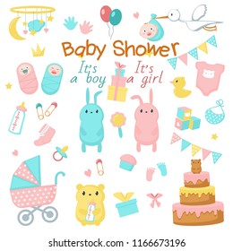 Baby shower icon set. Vector hand drawn illustration of cute newborn babies, funny pink and blue animals bunnies bears, sweets, party decorations. Baby shower invitation greeting card design elements.