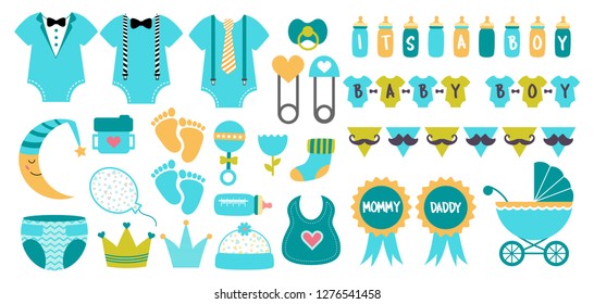 Baby shower icon vector set in pastel colors. Such elements as pram, bib, bottle, toy, stroller, sock, rattle. Illustrations to design cards, banner, invitation, postcard. Little boy birthday party.