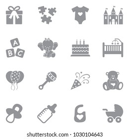 Baby Shower Icons. Gray Flat Design. Vector Illustration. 