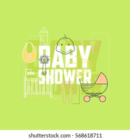 Baby shower icons. Line style child theme icons set. Baby shower elements: diaper, stroller, baby bottle, cradle, pacifier.