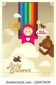 Baby shower illustration with comic animals. Vector illustration.