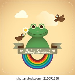 Baby shower illustration with comic frog. Vector illustration.