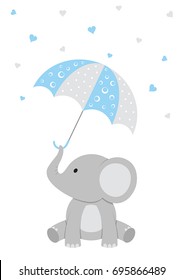 Baby Shower illustration of a baby elephant with a blue umbrella and falling hearts. 