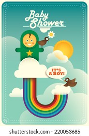 Baby shower illustration with rainbow. Vector illustration.