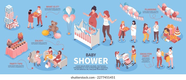 Baby shower infographic set with welcome celebration symbols isometric vector illustration