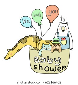Baby shower invitation for animals lovers. Baby shower card design with smiling giraffe, cute cat, scholastic dog, hipster polar bear in balloon basket. Vector illustration with hand-drawn style.