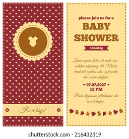 Baby shower invitation. Autumn design with garland and leaves. Frame with symbol of rompers on a polka dot background.