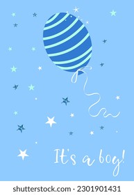 Baby shower invitation with balloon in blue colors