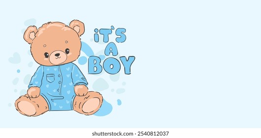 Baby shower invitation, banner with cute teddy bear. It's a boy. Vector illustration  hand drawn