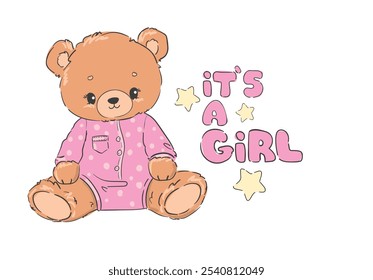 Baby shower invitation, banner with cute teddy bear. It's a girl. Vector illustration hand drawn