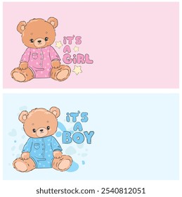 Baby shower invitation, banner with cute teddy bear. It's a boy.  It's a girl. Vector illustration  hand drawn