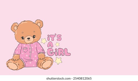 Baby shower invitation, banner with cute teddy bear. It's a girl. Vector illustration hand drawn