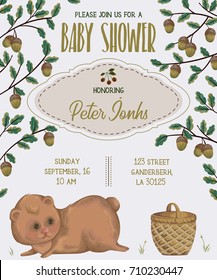 Baby shower invitation with bear, basket, oak and acorn. Cute cartoon character. Hand drawn vector illustration in watercolor style