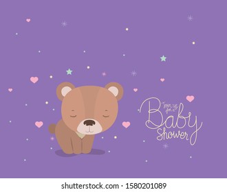 Baby shower invitation with bear , Party card decoration love celebration arrival and born theme Vector illustration