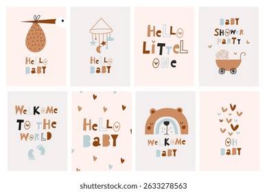 Baby shower invitation birthday greeting cards, posters for baby room. Vector illustrations
