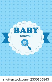 Babydusche Einladung, blauer Hintergrund mit Herz und Spitzen-Rahmen, Baby-Rattle.