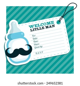 Baby shower invitation with blue baby bottle with mustache