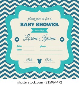 Baby shower invitation. Blue, cream and azure colors. Vintage frame on a chevron background.