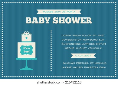 Baby shower invitation. Blue, cream and azure colors. Illustration of baby cake.