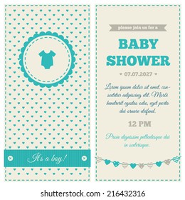 Baby shower invitation. Blue, cream and gray colors. Frame with symbol of rompers on a background with little hearts pattern.