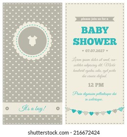 Baby shower invitation. Blue, cream and gray colors. Frame with symbol of rompers on a background with little hearts pattern.