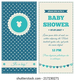 Baby shower invitation. Blue, cream and azure colors. Frame with symbol of rompers on a background with little hearts pattern.