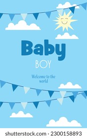 Baby shower invitation, blue sky with white clouds, garlands and smiling sun.