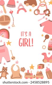 Baby shower invitation with boho baby objects. It's girl. Cartoon doodle kids clipart. Vector illustration.