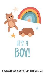 Baby-Dusche-Einladung mit Boho-Baby-Objekten. Es ist Junge. In: Cartoon Doodle Kids Clipart. Vektorillustration.