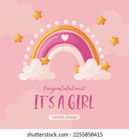 Baby shower invitation with boho rainbow, stars, and clouds on pink. Lettering It's a girl. Hello baby celebration, holiday, event. Banner, flyer. Cartoon illustration