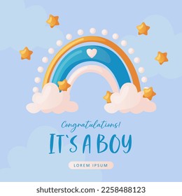 Baby shower invitation with boho rainbow, stars, and clouds on blue. Lettering It's a boy. Hello baby celebration, holiday, event. Banner, flyer. Cartoon illustration