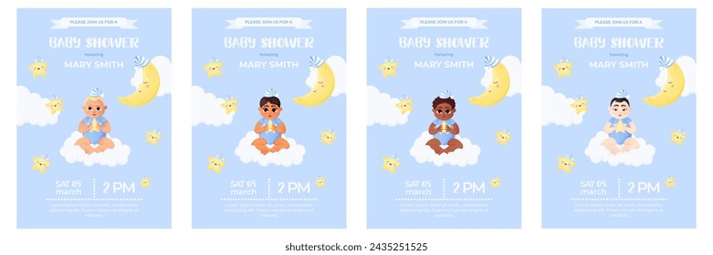 Baby shower invitation. Baby boy shower card set. Vector illustrations with multiracial babies, moon and stars in night cap, typography. 