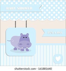 baby shower invitation, for baby boy  polka dot and stripe background with  hippo.Vector eps10,illustration.Raster also available.